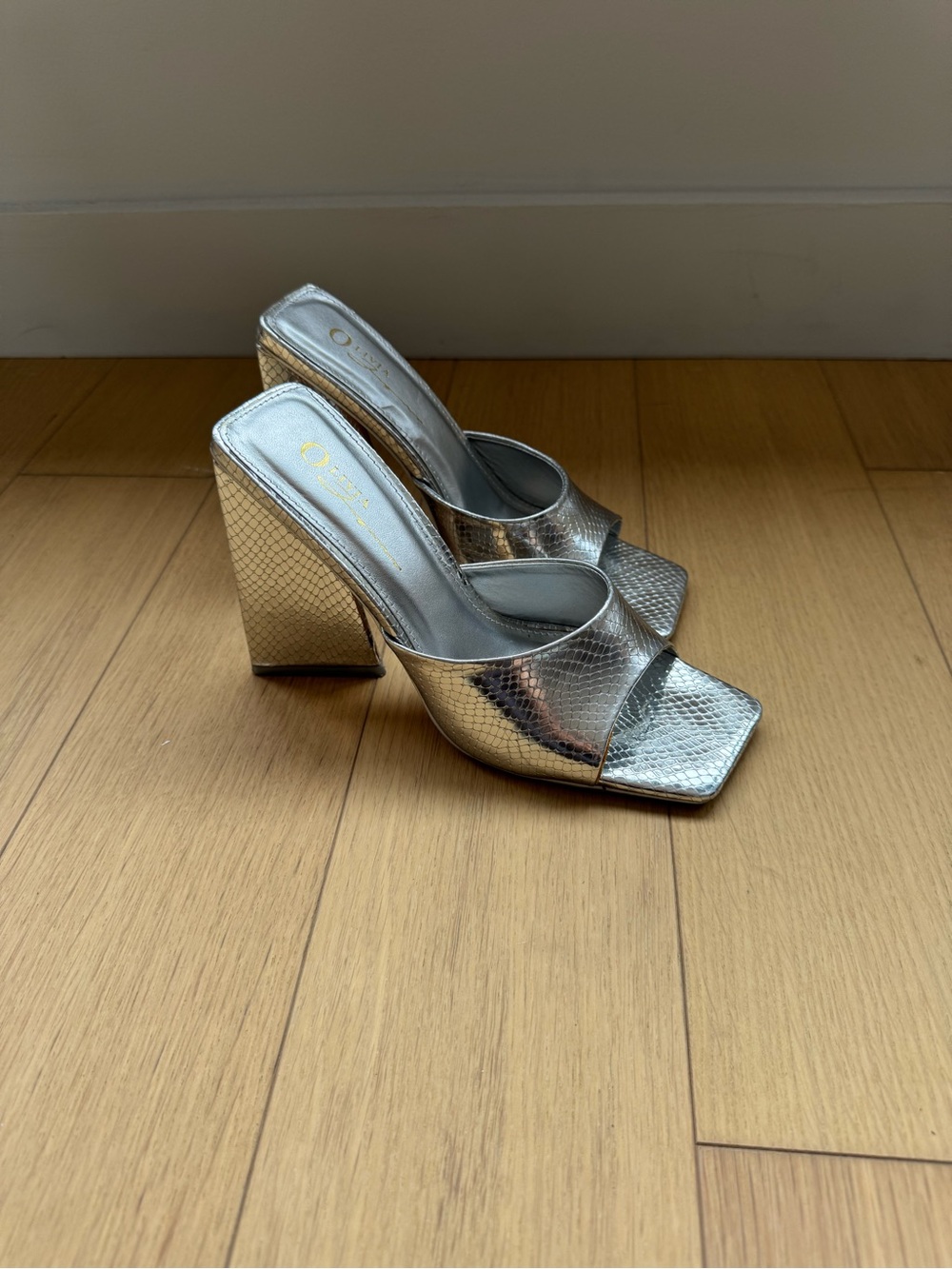 Metallic Silver Block Heel Slide Sandals